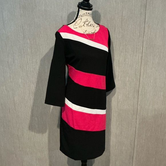 Zoe+Phoebe Asymmetrical Black and Pink Sheath Dress with 3/4 Sleeves Size Large - Picture 2 of 7